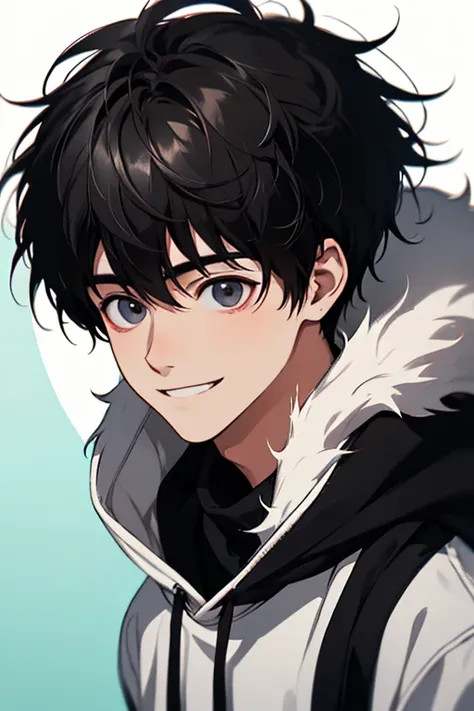 ultra-detailliert, Best Quality, finely detail, Anime Male, 1 Male, 18 years old, The face and eyes are very detailed, Detailed face, jet black eyes, Mans, Black hair, Medium Hair, Messy pointed hair, (White fur jacket with Black hoody), (Smile, Funny), An...