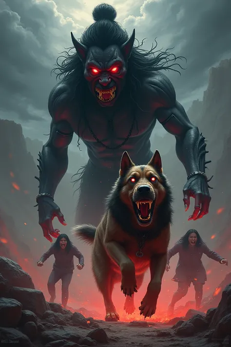 Kaal Bhairav ​​with red eyes and angry dog ​​chasing three people