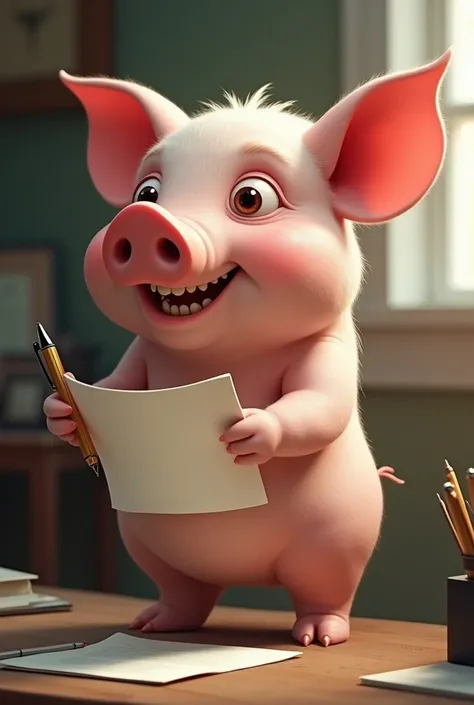 A standing pig holding a paper with a pen is working.