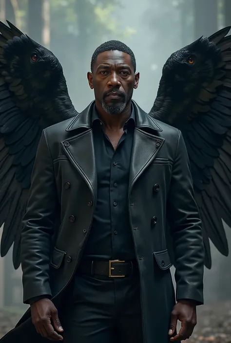 "Idris Elba (UK) with the wings of a raven: Elba’s rugged, commanding presence is complemented by dark, mysterious raven wings, giving him an aura of strength, mystery, and wisdom."