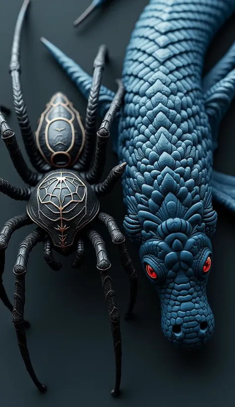  two separate creatures side by side in a single frame: on the left, a realistic spider with glossy black fur, intricate web patterns on its abdomen, and piercing red eyes; on the right, a Leviathan with deep blue scales, a long serpentine body, and intimi...