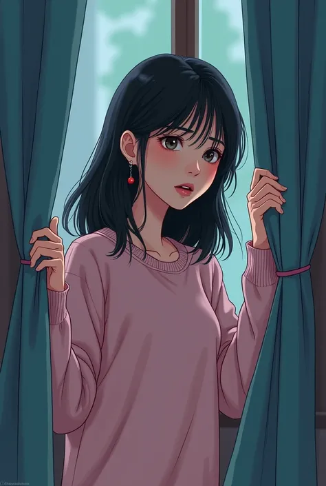 Manhwa-style scene of a Korean girl wearing pink sweater closing the curtains of her apartments window looking scared and panicky.