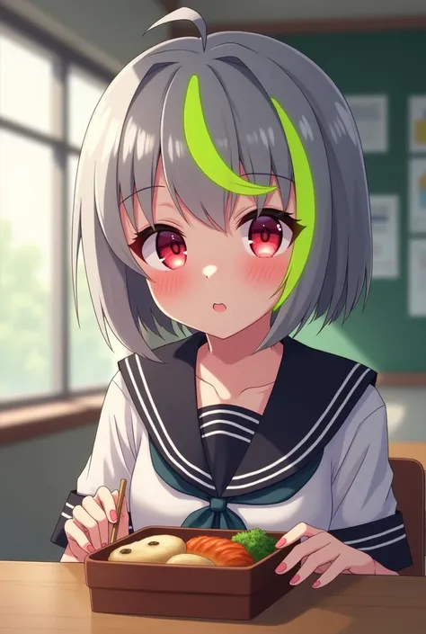 Pretty female student with short gray hair ah hegao 　White Hair　 short bob　Red eyes　Small eyes　uniform　 Only Part of the Forelock is Fluorescent Green Part of the Bangs Is Fluorescent Green Classroom　Eat a bento with friends 
