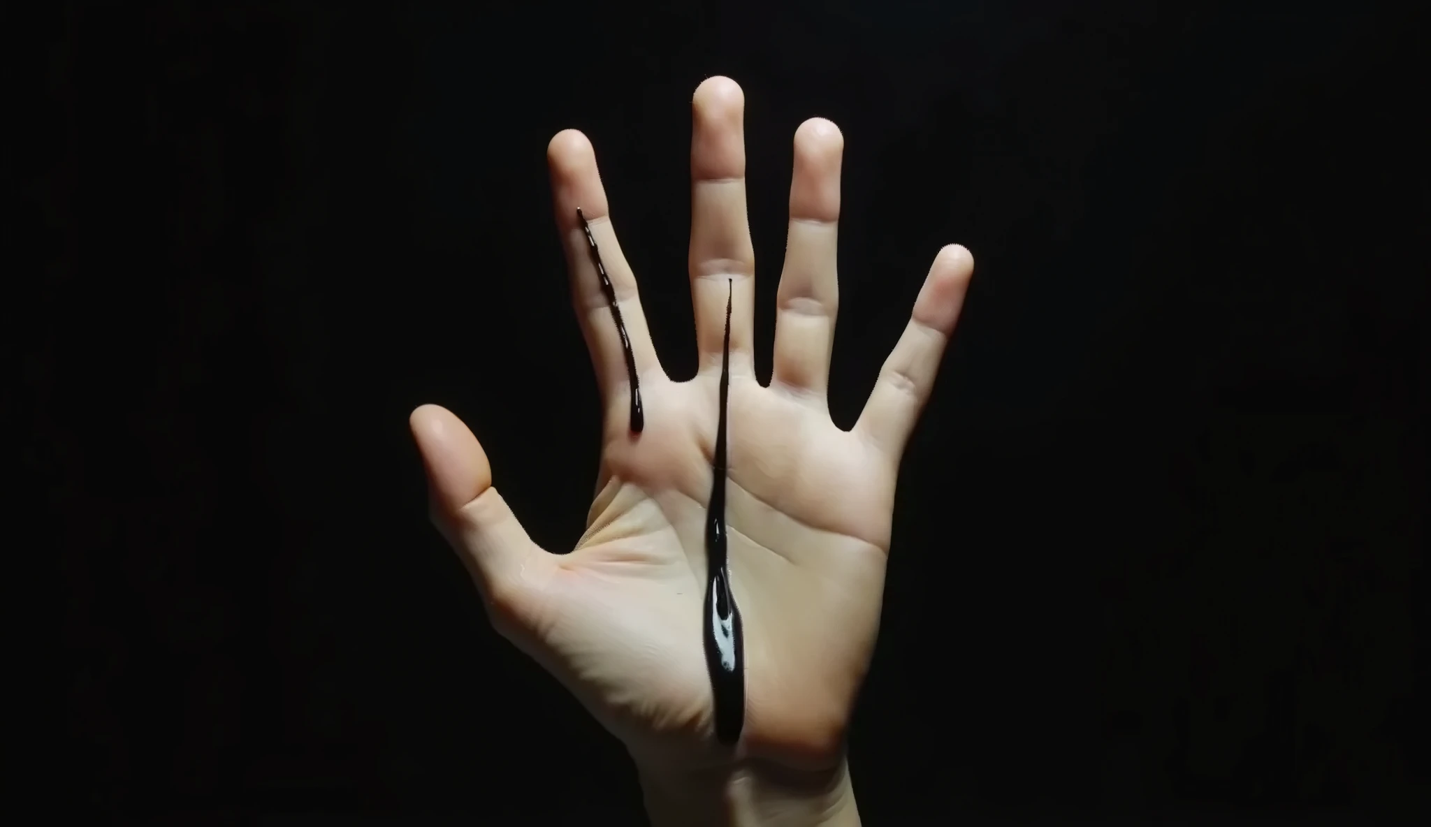 Dark background, Above, a large pale hand, palm facing down, fingers toward the screen, with a black liquid coming from each finger, running down