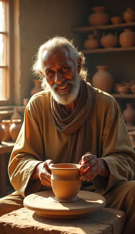 Ramdas working on a potter’s wheel, shaping a clay pot while singing devotional hymns. The setting is a sunny morning with soft golden light illuminating the area, and clay pots drying in the background.