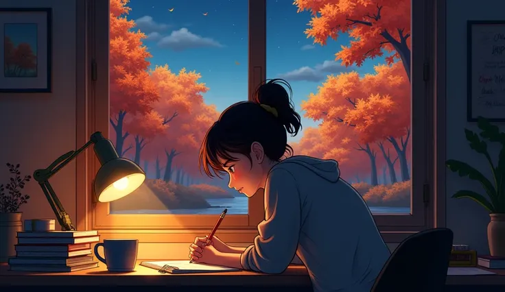 Girl working alone on a desk bright autumn gif at the background night