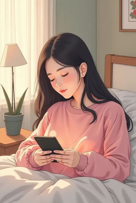 Manhwa-style scene of a Korean girl wearing pink sweater scrolling on her phone on her bed.