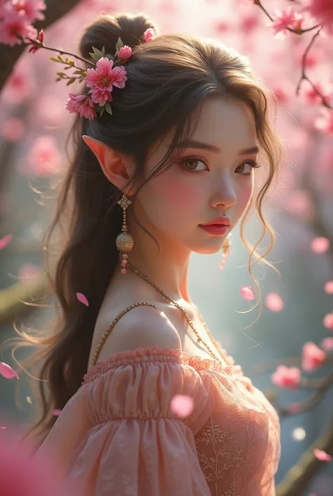 Adventure female fae with brown eyes in a magical cherry blossom forest, (masterpiece,best quality)