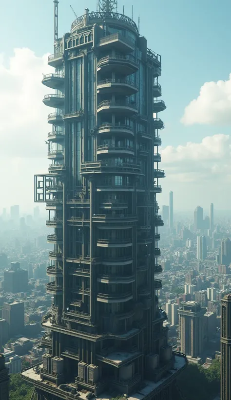 an apartment building in the style of midgar city with a cityscape in the background