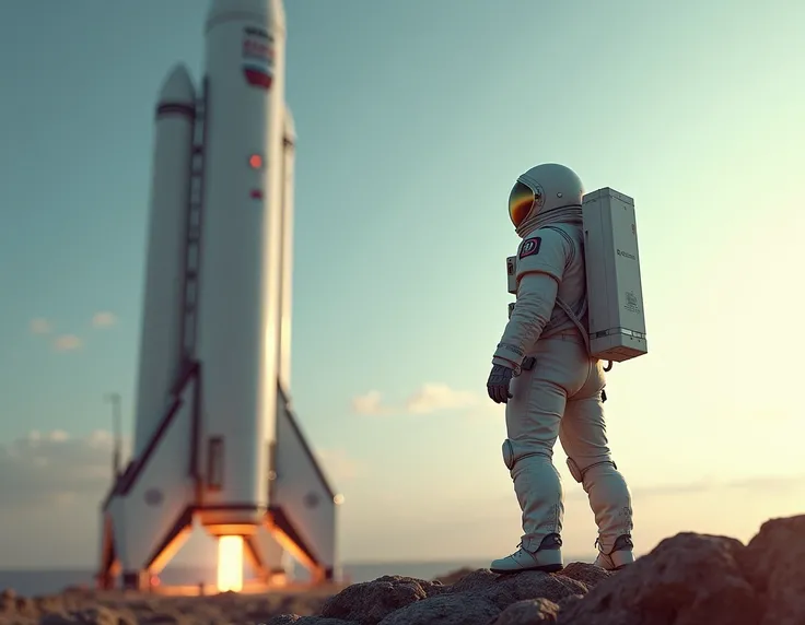 The rocket stands next to the astronaut