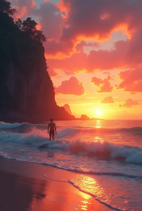 Beautiful sunset at a pristine beach with a distant surfer on a wave