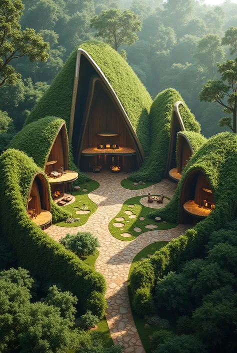  Make me the design of a camp with organic architecture, Let the whole camp be shaped like a leaf ,  with a main cabin that will be the entrance ,  there will be a wall around it and in the middle of the camp there will be a meeting room and everything wil...