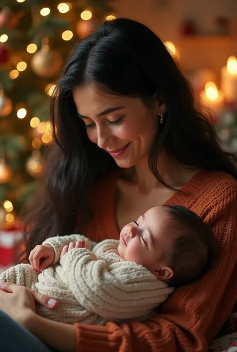  A woman with long black hair, brown eyes and brown skin, freckles. With a 4-month-old baby in her lap , boy. Christmas background 