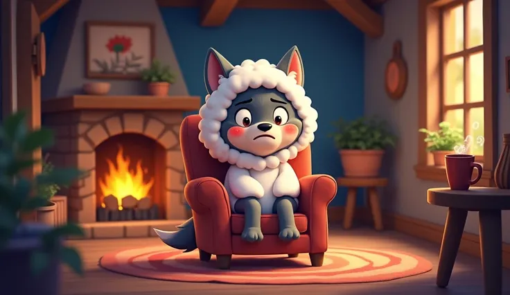 a cartoon wolf  (wearing sheep costume)sitting on chair making crying face,red face inside a cozy cottage at night