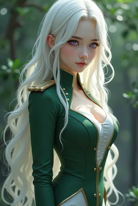 18-year-old woman with white skin ,  waist-length white hair, Deep purple eyes,  long eyelashes and girls look ,  thin waist and sensual curves , dressed in military uniform in green and white