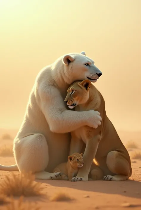 I want to create a white-colored bear in a desert with a lioness embracing it demonstrates true art behind its cubs