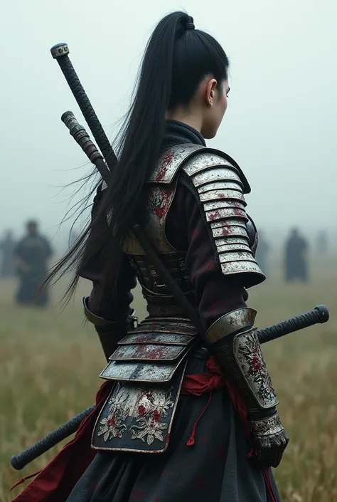 Young woman wearing Japanese armor,  Big Sleeves and Skirt Decorated with Black and Silver , Misty Prairie  , Rear view holding a Japanese sword  ,  with many arrows stuck in the shoulder and back  , Bloody Armor ,  body full of wounds, Countless enemy sol...