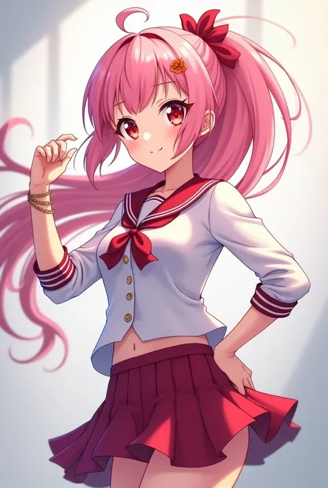 Red eyes, idol, pink hair, ponytail, schoolgirl, anime, whole body