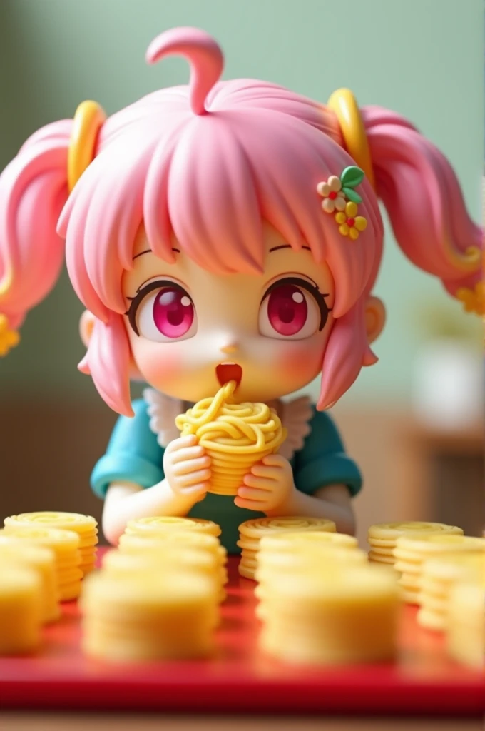 Create an image, a super cute figure model, a super cute Japanese girl, pink and yellow hair tied on both sides, pink eyes, wearing a blue and green maids shirt, sitting and eating noodles, her mouth chewing noodles with relish, chewing noodles on a high e...