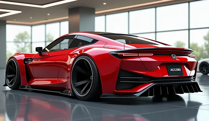 create an ultra-detailed 3D render of a modern, close-up back and side view of modern 2025 Honda Accord with a bold design , sleek tailight and white alloy wheel. The car should feature a Gleamy glossy red color with a Honda logo on its back, and sleek tai...