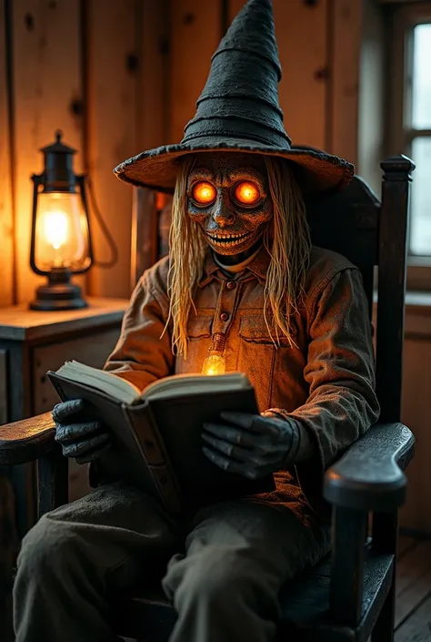 A scarecrow with a face made of wood and straw, with eyes of fire, also having an orange light in its mouth, wearing a large pointed hat, sitting on an old wooden chair in an old chalet, holding an old obscure book in the hands, an ancient lantern lighting...