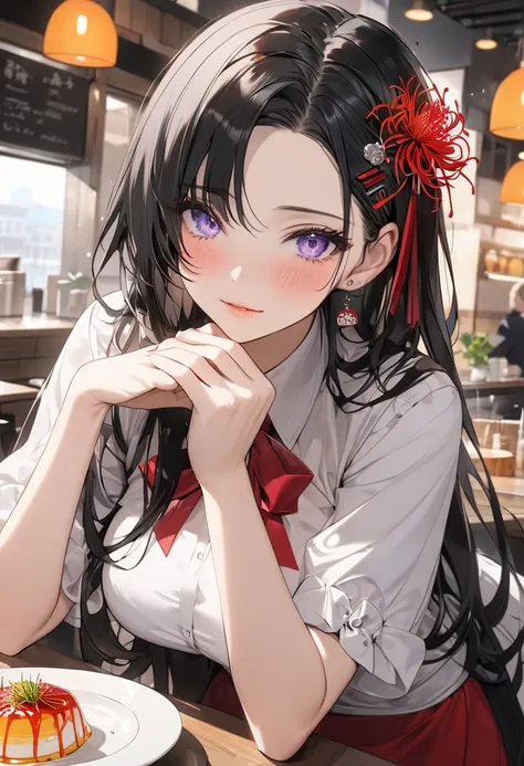 ((masterpiece, best quality,8k, ultra high resolution)), 1 wife 、　18 years old　、((They serve customers at a cafe)) 　、(cowboy shot)、(( embarrassed ))、 is staring　　、 sharp eyesight  、  long lashes　　 、　   black hair 　　、Long Hair　　、(spider lily hair pin)、((par...