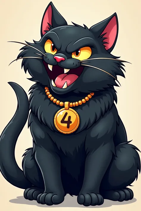 fierce cartoon black cat with thick fur and circular tail using number 4 necklace