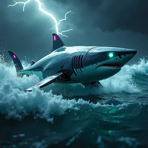 "A sleek robotic shark with glowing teal eyes glides through churning ocean waves, its streamlined metallic body shimmering under flashes of lightning. Its cybernetic fins, edged with glowing ultraviolet accents, cut through the water with precise, mechani...