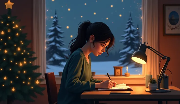 Girl working alone on a desk christma day at the background night