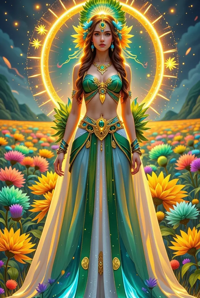 a vibrant and radiant portrait of a goddess-like woman, portrayed in a highly detailed fantasy realism style with elements of na...