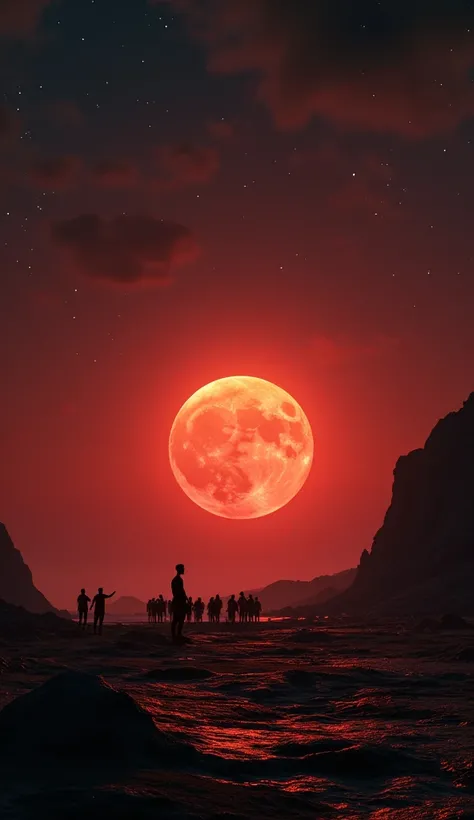 " The night sky apocalyptic with blood red moon dominating the horizon ,  the sun beside it was partially covered by the eclipse ,  emitting a faint golden light .  The stars fell like cosmic fireworks ,  illuminating a dark barren landscape .  People stoo...