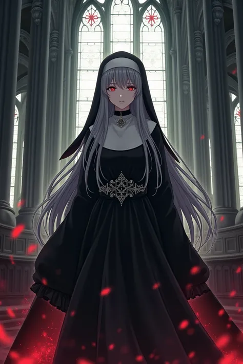  Japanese animation picture gallery, cathedral, Black nun suit , Sexy, Innocence, Gray long hair,  red eyes