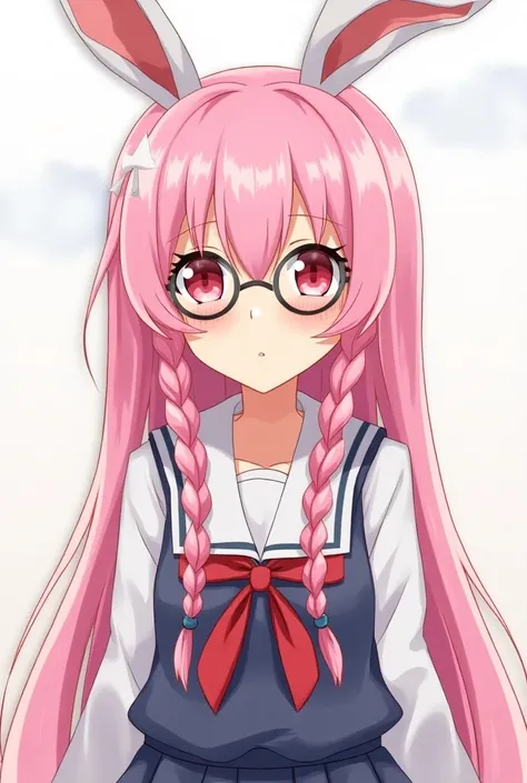 Pink-haired woman with long hair, braids on two sides, wearing black circular glasses, wearing a Japanese school dress with bunny ears.