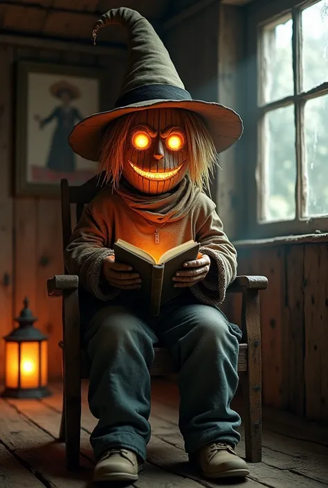 A scarecrow with a face made of wood and straw, with eyes of fire, also having an orange light in its sewn mouth, wearing a large pointed hat, sitting on an old wooden chair in an old chalet, holding an old obscure book in hands, an old lantern lighting it...