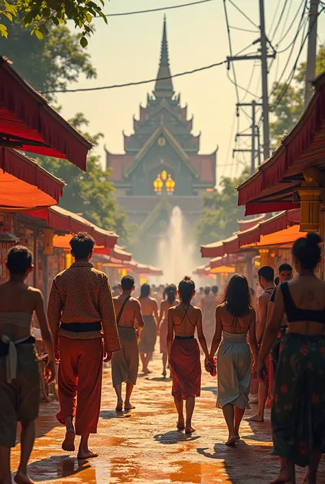 Songkran Festival with a bit of sand Jedi, people wearing different colors and patterns, water spray guns, people mixing dough with each other. There are food shops on two sides of the road, with temple lights, people having fun with both ren and adults, h...