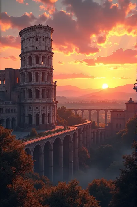 the colosseum Rome and segovia aqueduct in sunset 