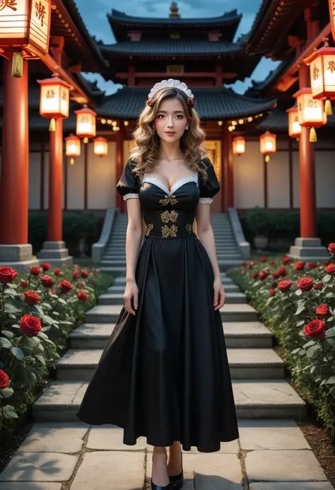 roses,  hair decoration ,  medium length hair , sky, chinese but  dress , but, maid  dress , but head dress ,  maid apron , black  dress , Night,  Chinese style , hair ornament ,  flower clip , golden roses,  Long hair , One, roses on focus, seat, Lanterns...