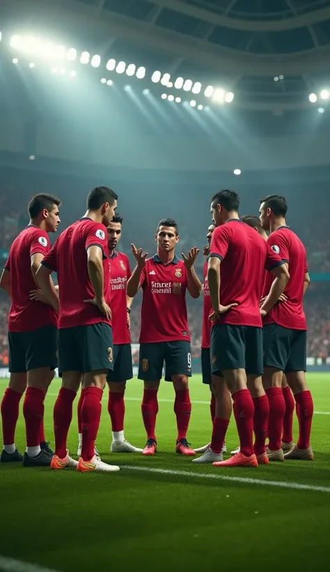 Ronaldo strategizing with his teammates on the field.
