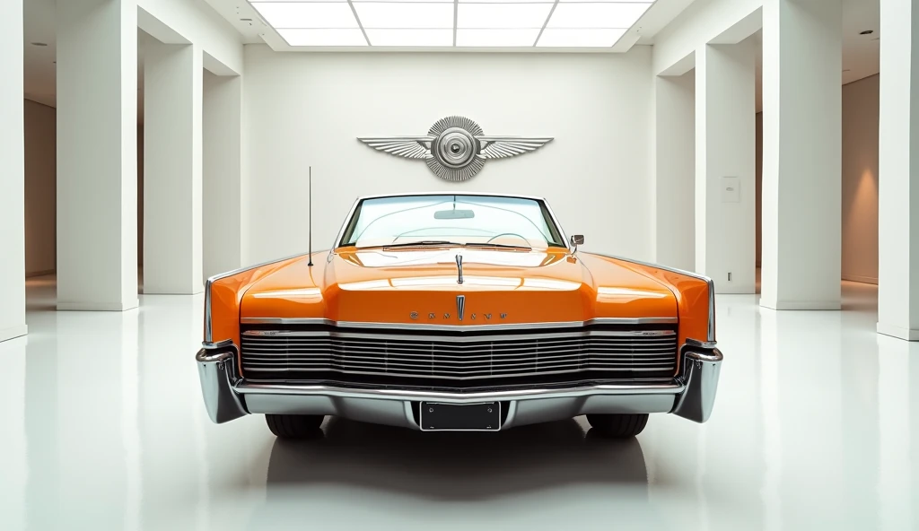 A stunning and captivating photograph of a 1967 Continental convertible taking center stage in a luxurious white showroom. Thecar boasts a vibrant orange exterior that gleams, highlighting its sleek, aerodynamic design and bold accents. The large Continent...