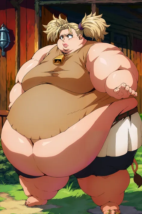 Girl becoming a monster, becoming a troll, fat, chubby, obese, cow print fabric clothes, loincloth , cow horns, cow tail, black bike shorts, brown eyes, blonde hair, twin tails, bangs, hair pulled back, big ears, big nose, big lips, 900 pounds, 10 ft tall,...