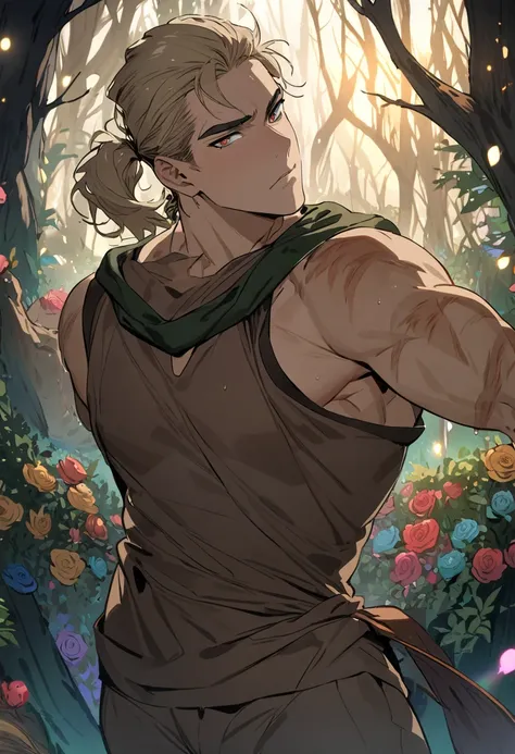 ((masterpiece, best quality)), masculine man, muscular frame Ash-blond, slightly wavy, tied back in a loose, short ponytail Bright amber eyes,Sun-kissed tan with faint scars on his hands and forearms, thief , Enchanted Forest, floating lights, multicolored...