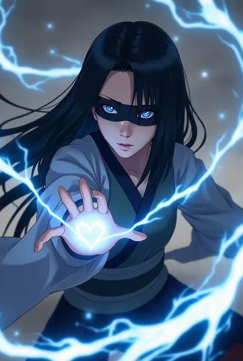 Naruto Shippuden screenap. Fille au yeux bandés noir ,cheveux noir long lisses et détachés,des sharigans,un visage en forme de coeur,une tenue traditionnelle,utilisant la technique Chidori,léclair pourfendeur