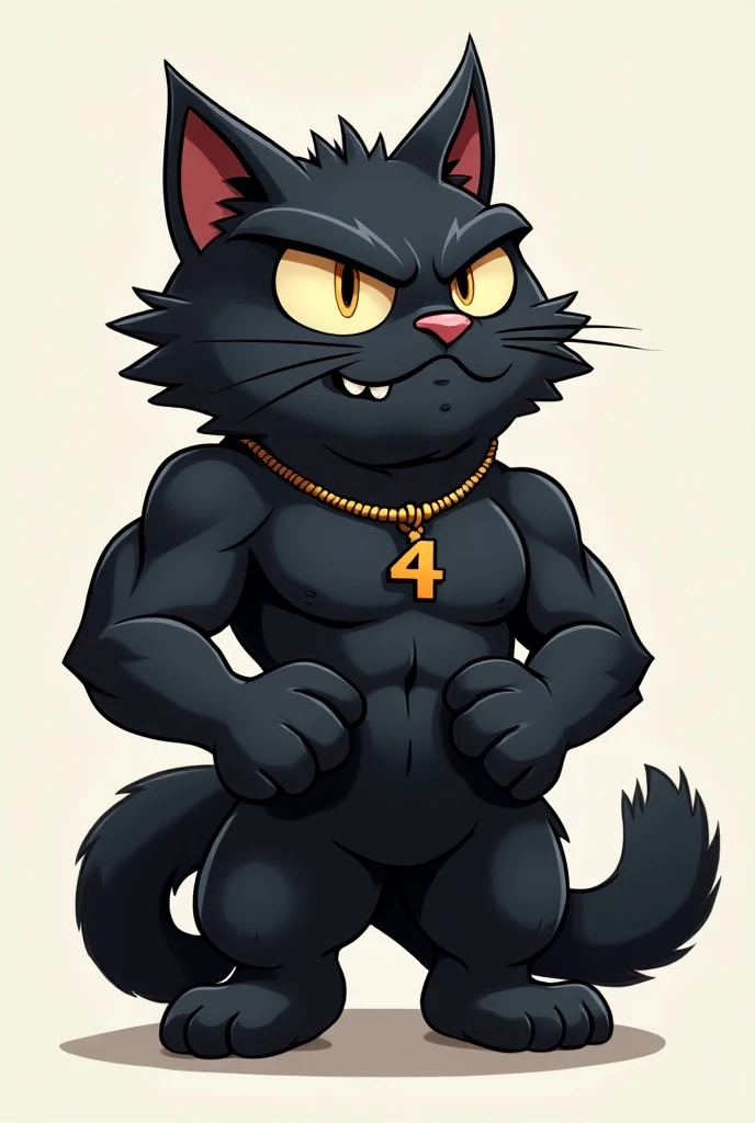 fierce cartoon black cat with thick fur and circular tail using number 4 necklace while holding a barbell