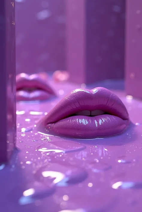 Floors, walls, and ceilings covered with Asian womens glossy purple lip gloss and lightly open lips