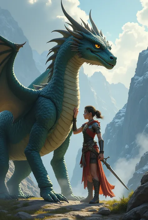 A young warrior girl tamed a big dragon.