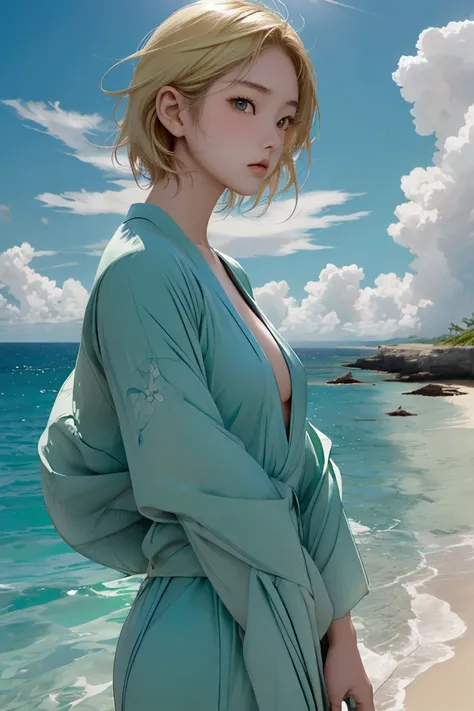 Okinawas calm and beautiful sea, emerald green ocean, Fiercely deep blue, cloudless, beautiful sky,intense sun,Girl completely naked in the distance ,Girl with blond hair and very short hair 
