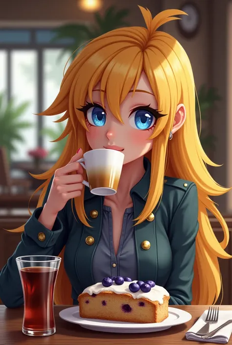 Shes blonde, blue eyes like Dr. Robotnik in Sonic. She goes to a cafe. She has Thai tea and blueberry bread. She says its delicious.