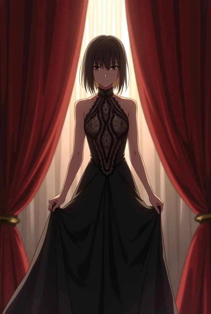 Rin emerges from behind the opulent curtains, her usual stoic expression giving way to one of restrained triumph. The outfit she has donned feels like a silent victory—a garment worn not merely for appearance but as armor.


She stands before you, allowing...