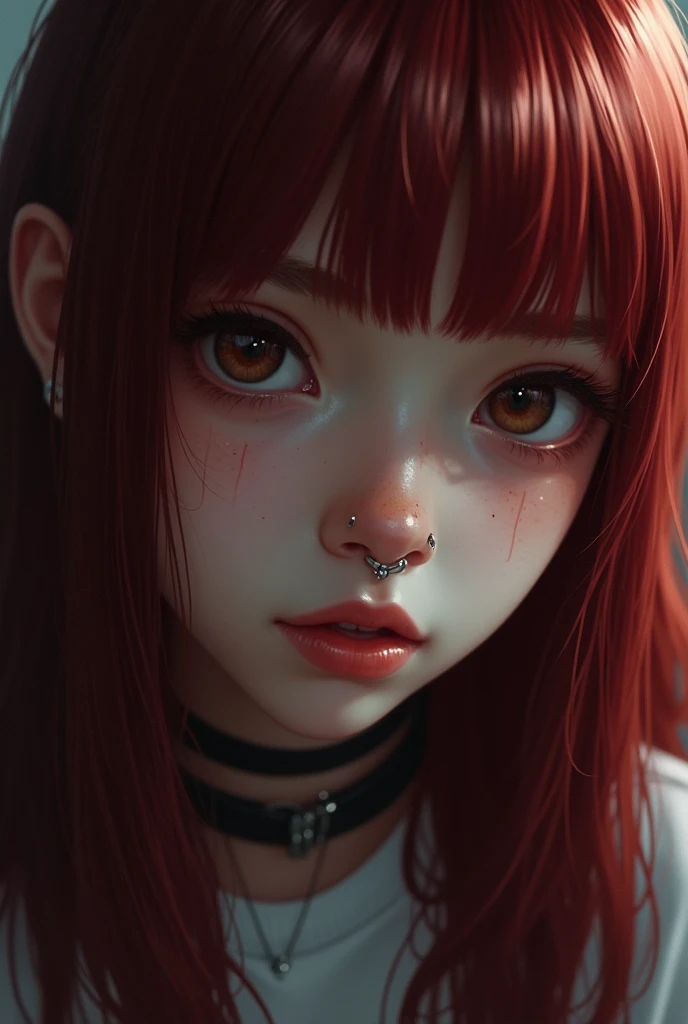  a girl with rolinga bangs and dark red hair up to her shoulders,  tired eyes and dark brown color with a little dark circles , a nostril piercing and a labret piercing  