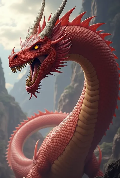 Large crimson-red dragon with a very long neck with only a pair of horns and gold-colored eyes showing its fangs